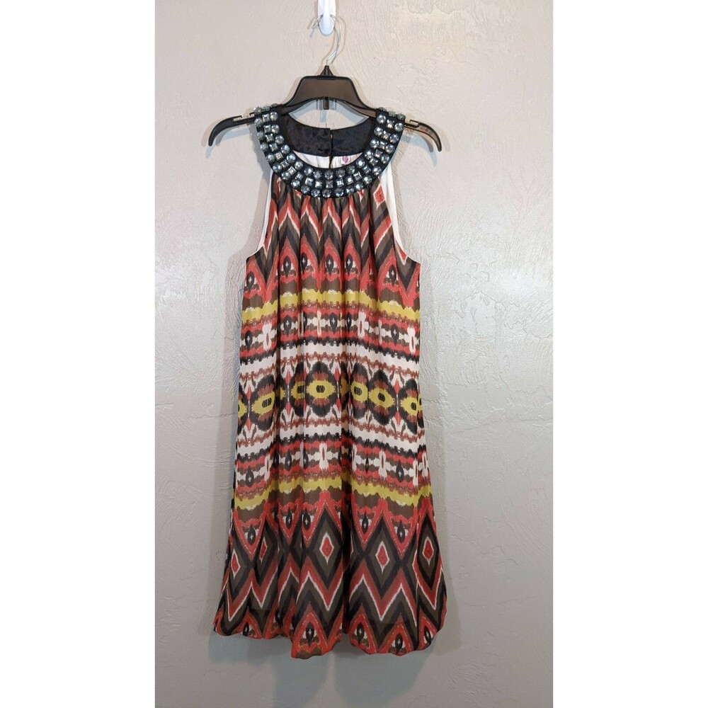 auw Womens Size Large Ikat Jeweled Round Neck Sleeveless Bubble Dress